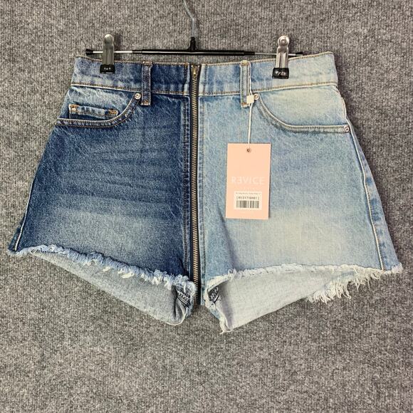 NWT REVICE Women's Yin Yang Two Tone Denim Zippered Raw Hem Shorts‎ Size 27 - Picture 1 of 11